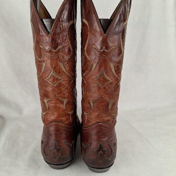Boulet Embroidered Leather 2 Tones Brown Cowboy Western Boots Size 5 - Picture 9 of 16